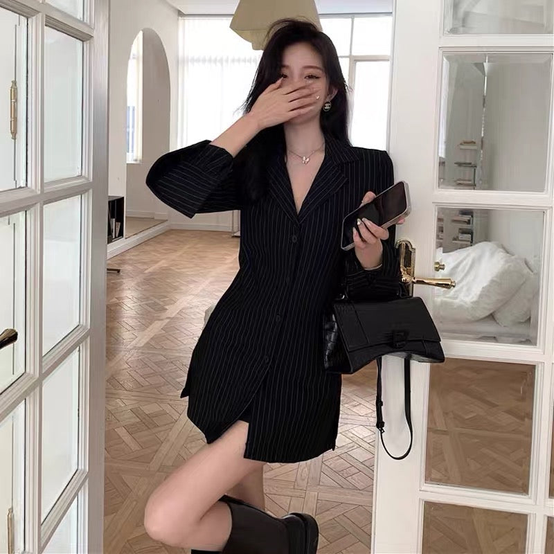 2023 early spring and autumn new French style waist striped black shirt women's high-end design sense niche top small man