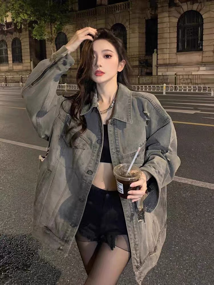 American retro high street ripped denim jacket women's spring and autumn 2023 new high-end tops for small men