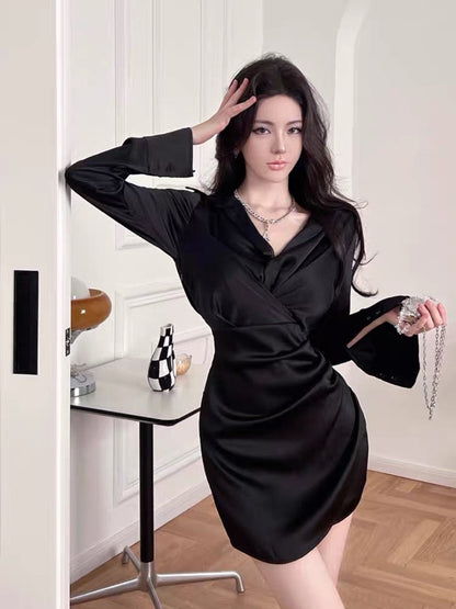 French royal sister temperament high-end sexy waist bag hip long-sleeved black satin shirt dress women spring and autumn