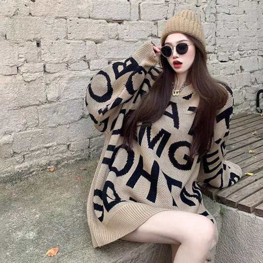 Internet celebrity trendy brand letter jacquard outer sweater women's mid-length loose large size fashionable thickened warm sweater winter T3441