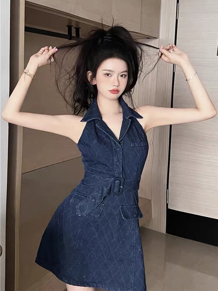 Pure desire babes high-end sexy design niche polo suit collar waist slim hanging neck denim dress female summer