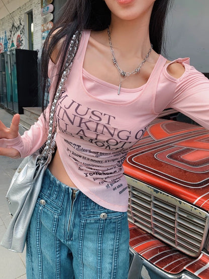 Earth Store Pink Mesh Splicing Irregular Design T-shirt Women's Sweet and Spicy Slimming Letter Printed Bottoming Shirt