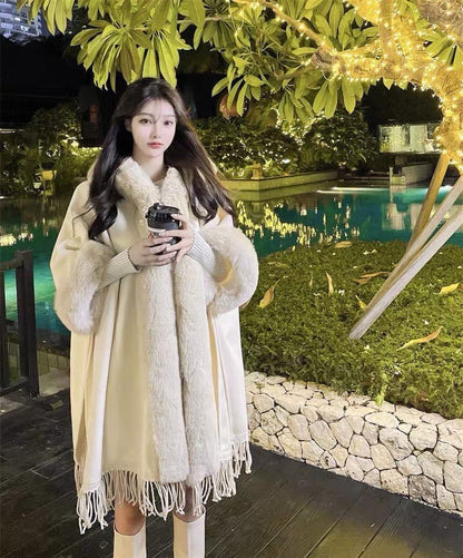 Shawl cape cloak coat female autumn and winter Korean temperament all-match large fur collar hooded thick knitted coat outerwear