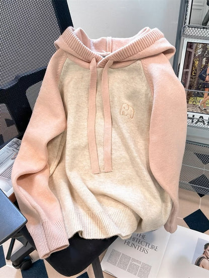 Milky fufu gentle soft and sticky contrast hooded sweater for men and women winter thickened sweet lazy style knitted sweater jacket