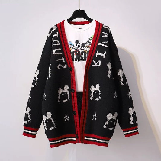 Dongdaemun 2023 new autumn and winter Korean version loose letter jacquard cartoon sweater mid-length outer sweater for women