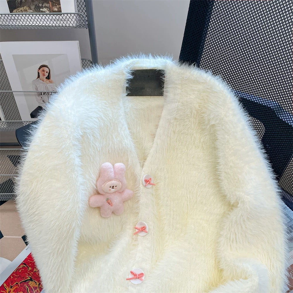 Milk fufu gentle style cute cartoon mink fleece sweater men and women autumn and winter lazy small knitted cardigan jacket