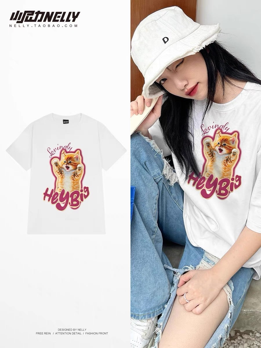 American retro oversize printed cat short-sleeved T-shirts for men and women with different designs for lovers