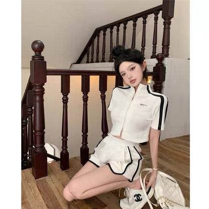 Sports and leisure suit stand collar short sleeve zipper T-shirt top women's summer high waist thin pants shorts two-piece set