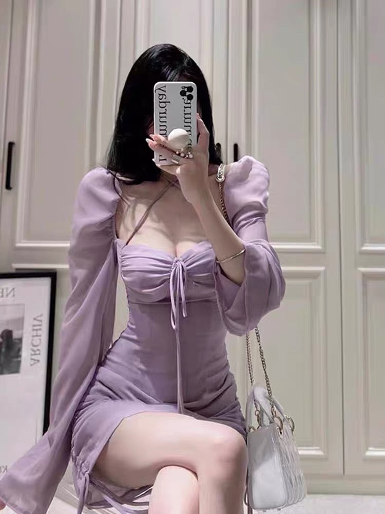 French puff sleeves hanging neck purple long-sleeved dress women's summer and autumn temperament high-end sexy slim slim package hip skirt