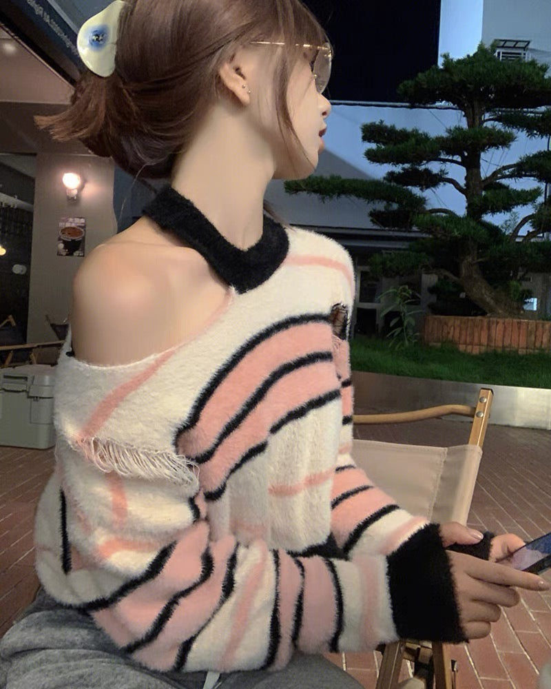 Short ripped striped sweater for women autumn and winter 2023 new