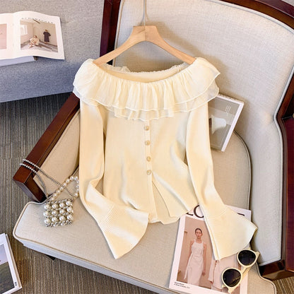 Autumn new high-end Hepburn style ruffled one-shoulder solid color slimming inner layering shirt top