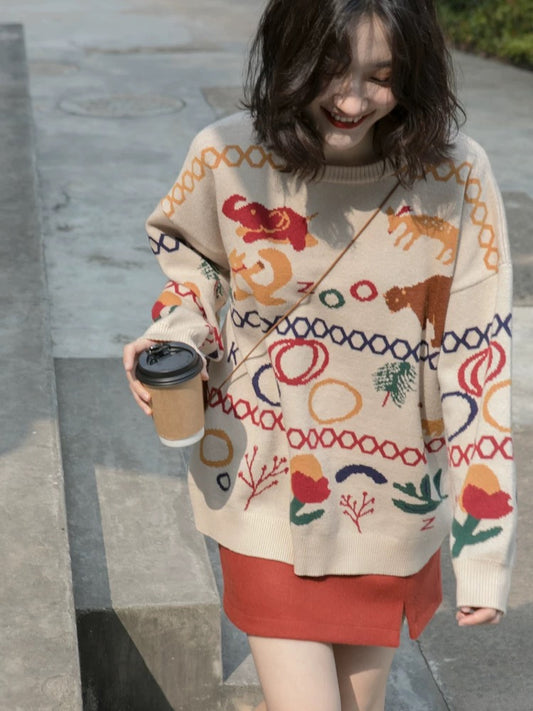 Hello Canon Original double-sided jacquard Christmas sweater for women, loose outerwear, 2023 new lazy style sweater