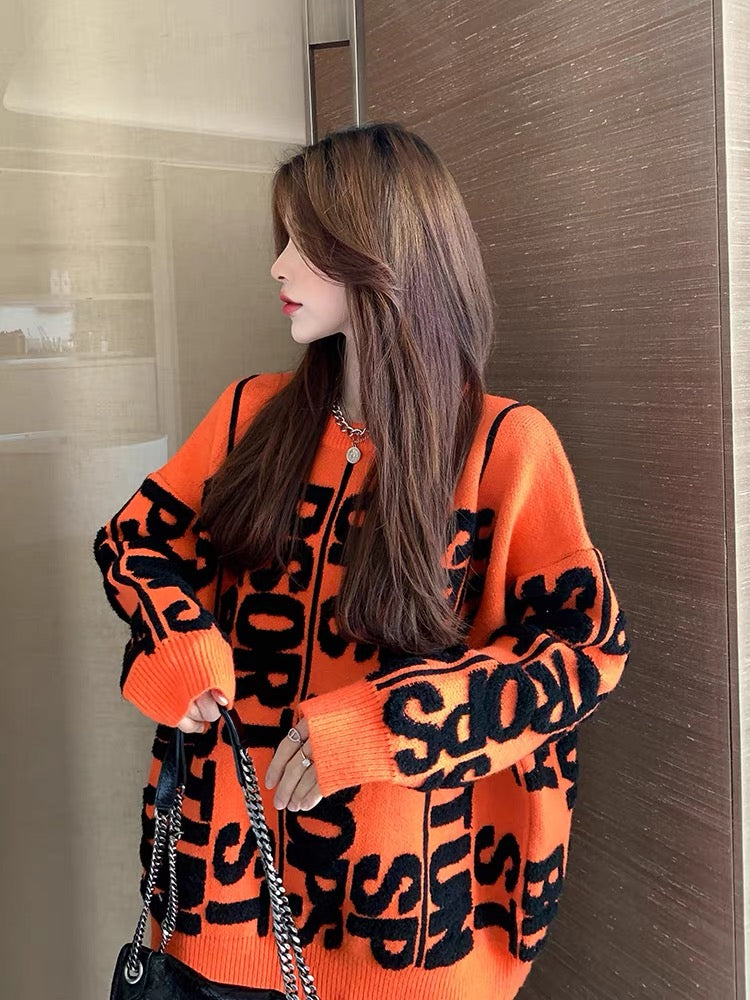 Orange outer sweater women's loose Korean style top coat mid-length large size autumn and winter thickened sweater T2372