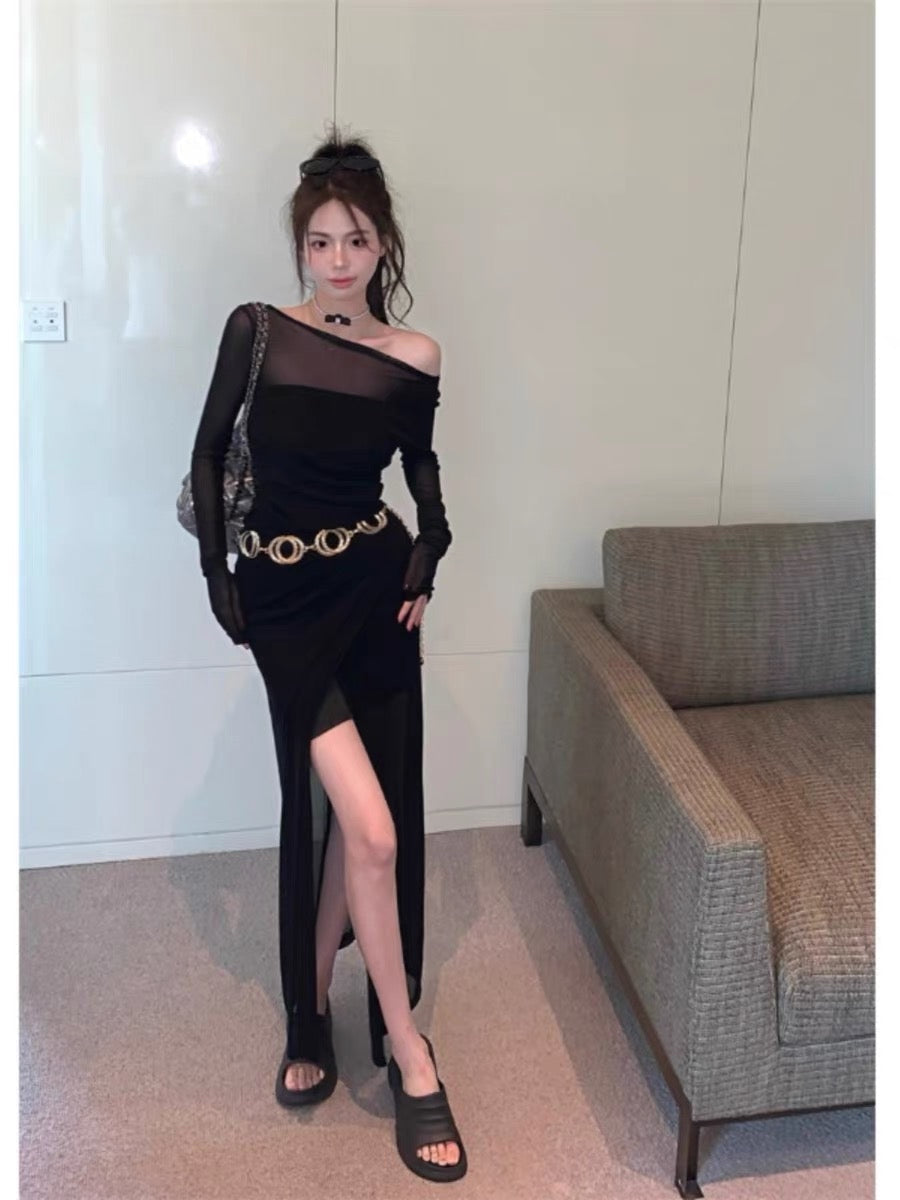 Korean version of pure desire sexy dress lazy wind mesh irregular thin slit black long skirt hot girl suit