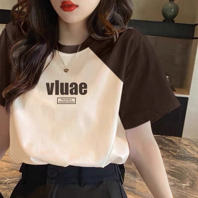 Splicing and contrasting color front shoulder pure cotton short-sleeved t-shirt women's 2023 summer new loose tops niche design trendy