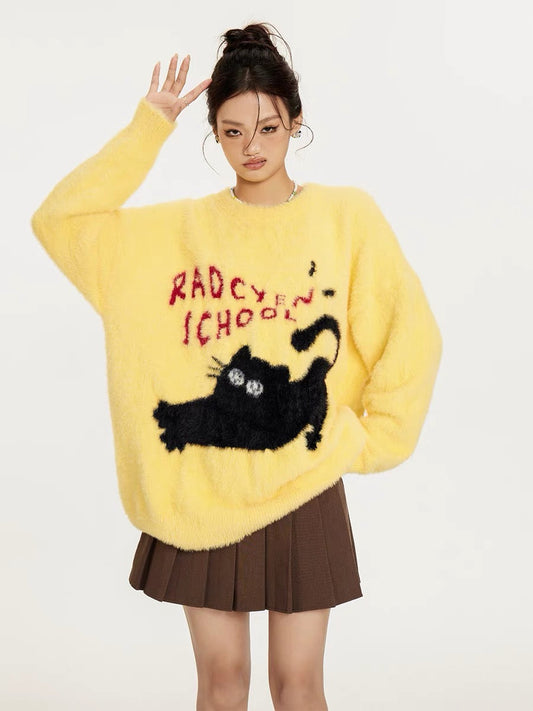 Sanowers American retro flocked cat print sweater women's autumn loose lazy style couple sweater top (S0661)