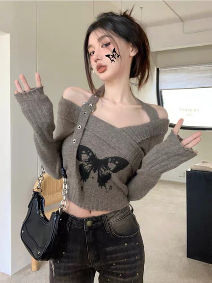 American retro halter neck one-shoulder butterfly jacquard cross v-neck long-sleeved sweater hot girl slim short top