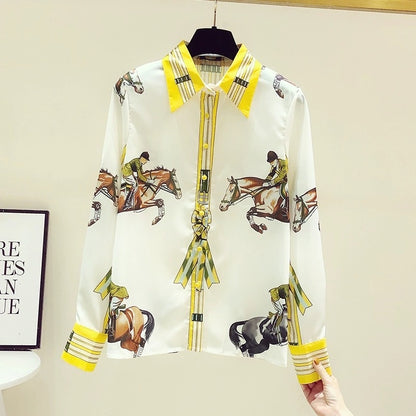 Retro Hong Kong style contrasting color printed shirt ladies foreign style chiffon long-sleeved top early spring and autumn 2023 new design sense