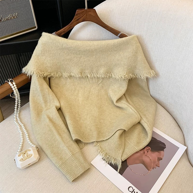 Fashionable, age-reducing, high-end and super-good-looking solid color tassel one-line collar long-sleeved bottoming sweater top for women in autumn and winter