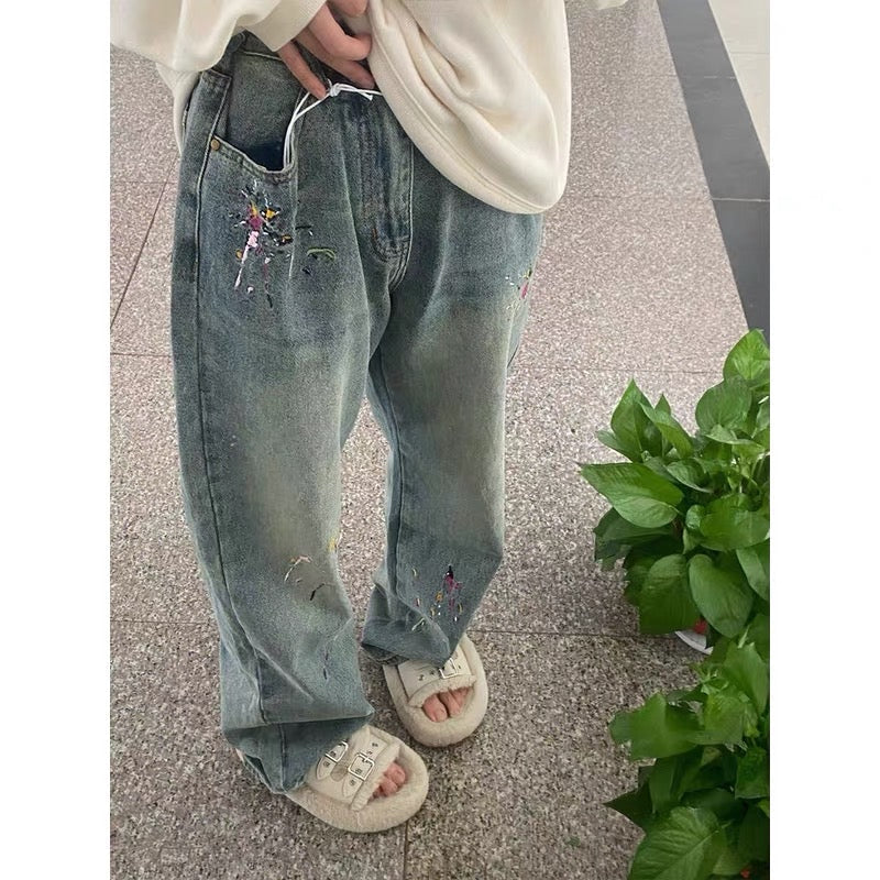 American retro high street splashed ink jeans women's summer thin section washed old straight high waist narrow wide leg pants