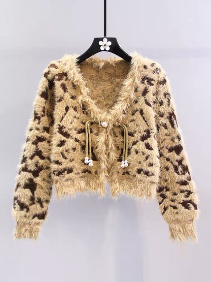 Xiaoxiangfeng Mink Velvet Leopard Print Sweater Jacket Women's Autumn and Winter 2023 New High-end and Western Style Short Knitted Cardigan