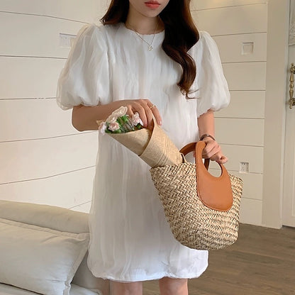 Korean chic summer French gentle round neck wrinkled loose casual puff sleeves small dress female