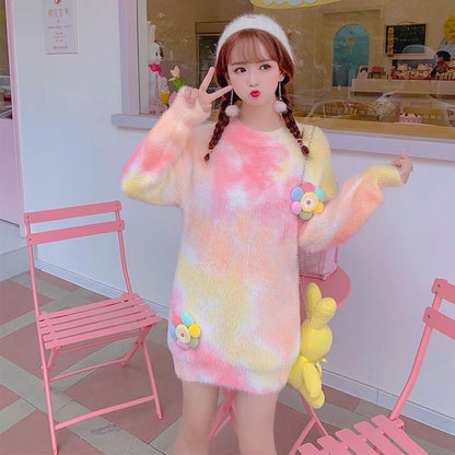 Sweet rainbow gradient mink mid-length sweater dress Korean style ins gentle three-dimensional flower style sweater