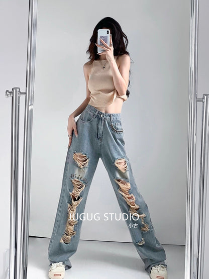 JUGUG2023 summer ripped jeans women's light-colored washed design sense rivets loose wide-leg mopping trousers