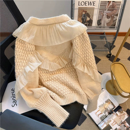 American retro khaki soft waxy thickened V-neck sweater jacket for women autumn and winter 2023 new gentle style sweater