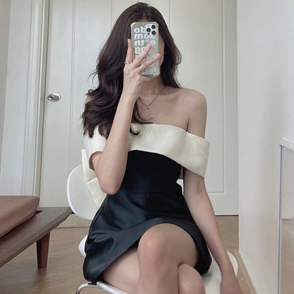 Korean chic summer French niche one-word collar strapless back tie bow waist short-sleeved dress female