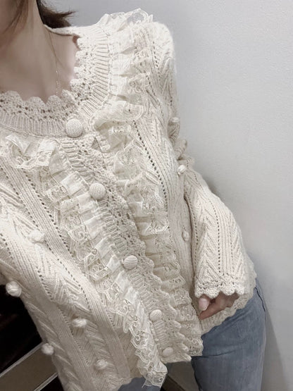 2023 new autumn and winter Korean soft and lazy style lace stitching hollow long-sleeved sweater knitted cardigan for women