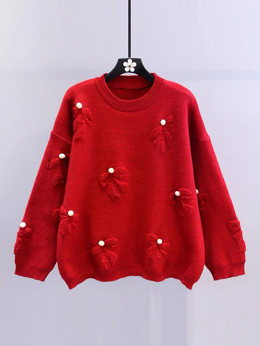 Bow red sweater for women autumn and winter 2023 new Korean style loose lazy style soft waxy western style sweater top (S3336