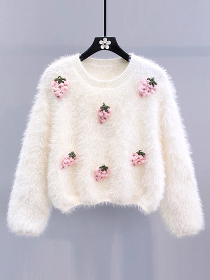 Small fresh beaded mink velvet three-dimensional flower sweater for women autumn and winter 2023 loose high-end gentle knitted top