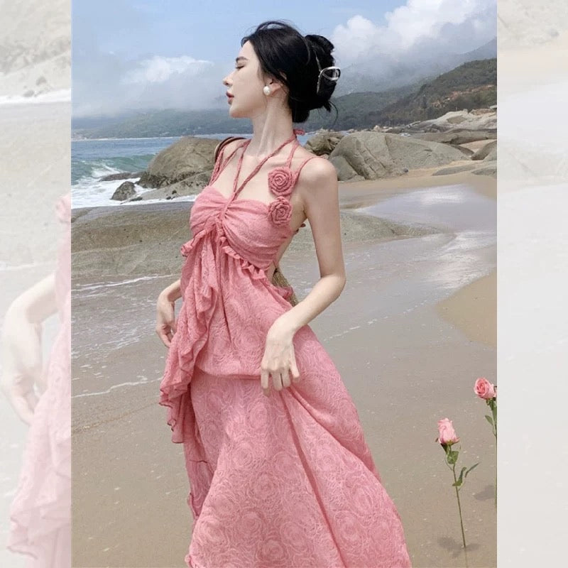 Elegant trailing long skirt with wooden ears design sense rose hollow pleats strapless backless sexy suspender dress