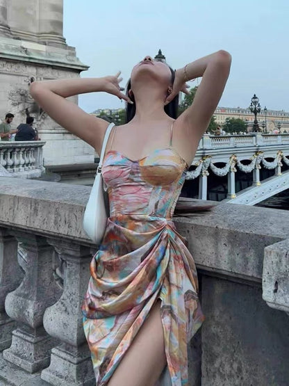 French unique and beautiful babes high-end sexy backless satin floral dress female summer seaside holiday dress