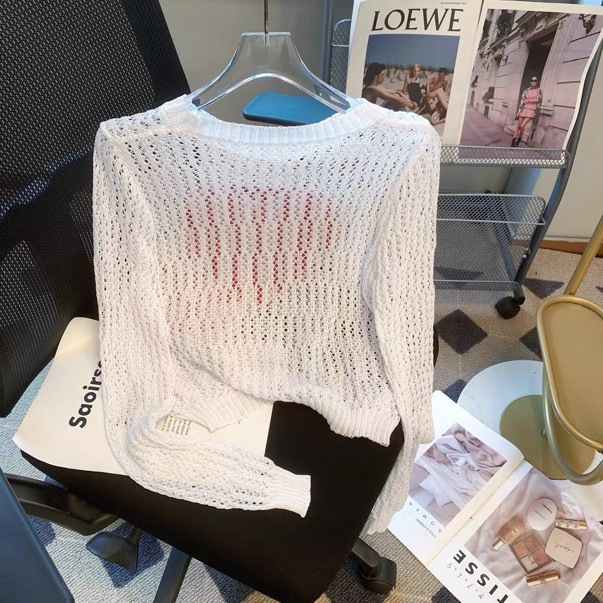 Xiaoxiangfeng French hollow thin sunscreen knitted blouse for women summer 2023 new love loose long-sleeved top