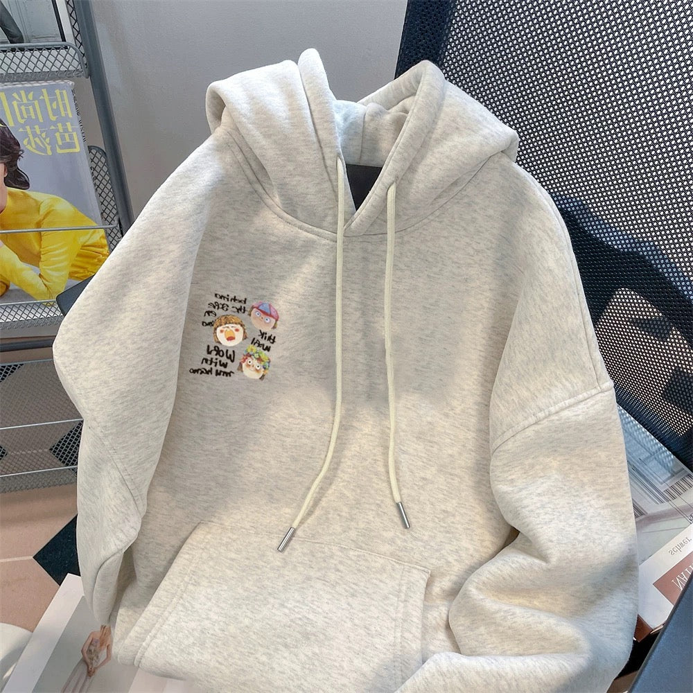 European goods lazy style unique cartoon hooded sweatshirt men and women autumn and winter age-reducing stylish small plus velvet top