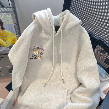 European goods lazy style unique cartoon hooded sweatshirt men and women autumn and winter age-reducing stylish small plus velvet top