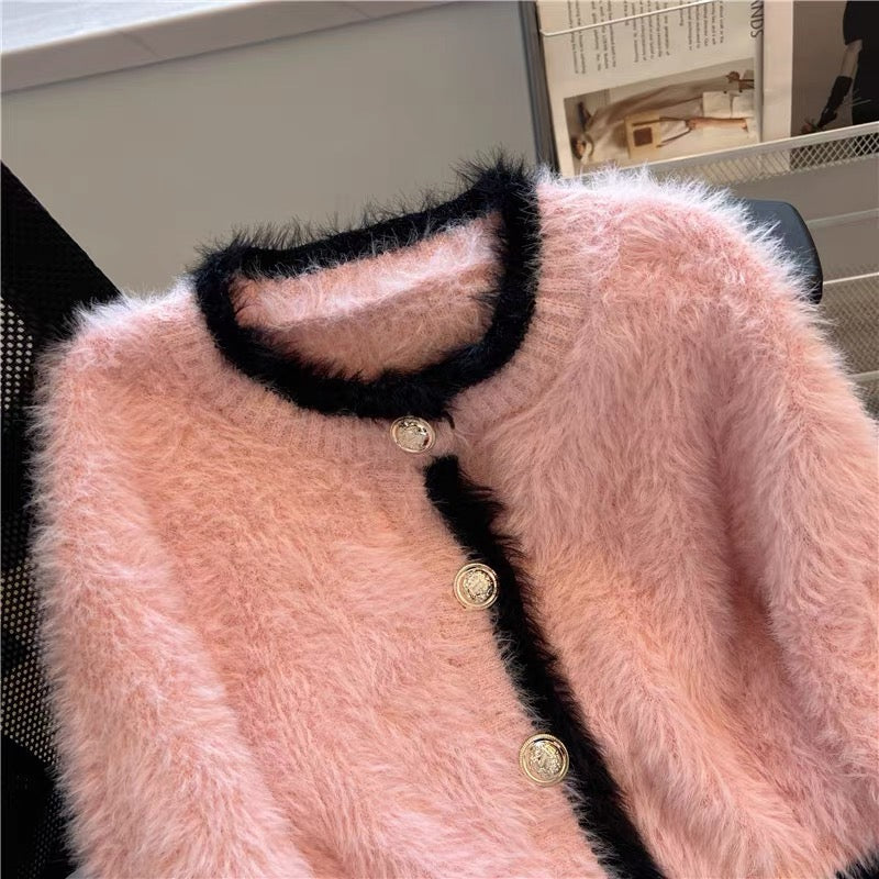 Xiaoxiangfeng soft waxy mohair knitted cardigan women's 2023 autumn sweet age-reducing pink sweater imitation mink velvet jacket