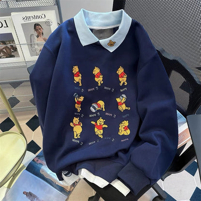 Cute and stylish Winnie the Pooh embroidered fake two-piece sweatshirt for men and women in spring and autumn, unique and chic contrasting color polo collar top