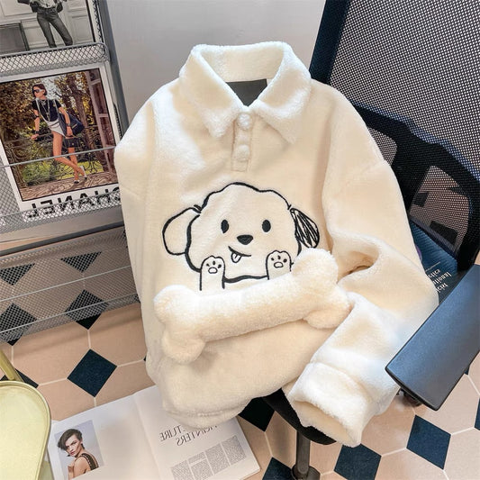 Milky style small cute dog polo collar sweater men and women autumn and winter lamb plush thickened age-reducing top