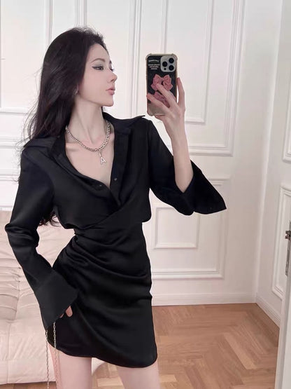 French royal sister temperament high-end sexy waist bag hip long-sleeved black satin shirt dress women spring and autumn