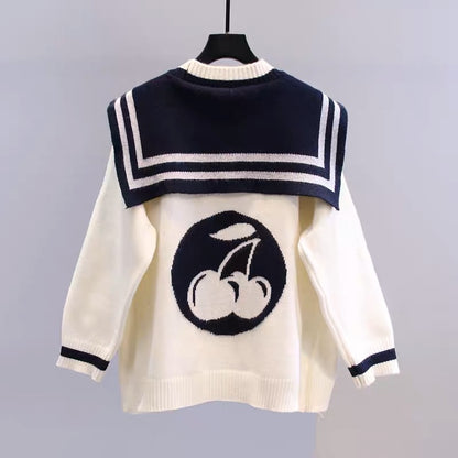 Contrast color navy collar sweater jacket for women autumn and winter 2023 new loose college style foreign style age-reducing knitted cardigan