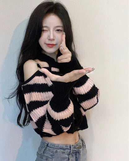 Sweet cool hot girl chain off-shoulder pink pullover sweater for women autumn new high-end hollow striped short top