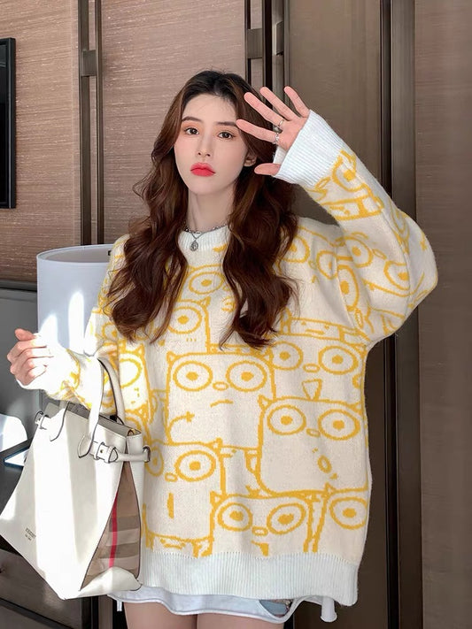 Calf soft milk yellow sweater women's loose Korean style mid-length top outer wear sweater autumn and winter coat head thickened T2374