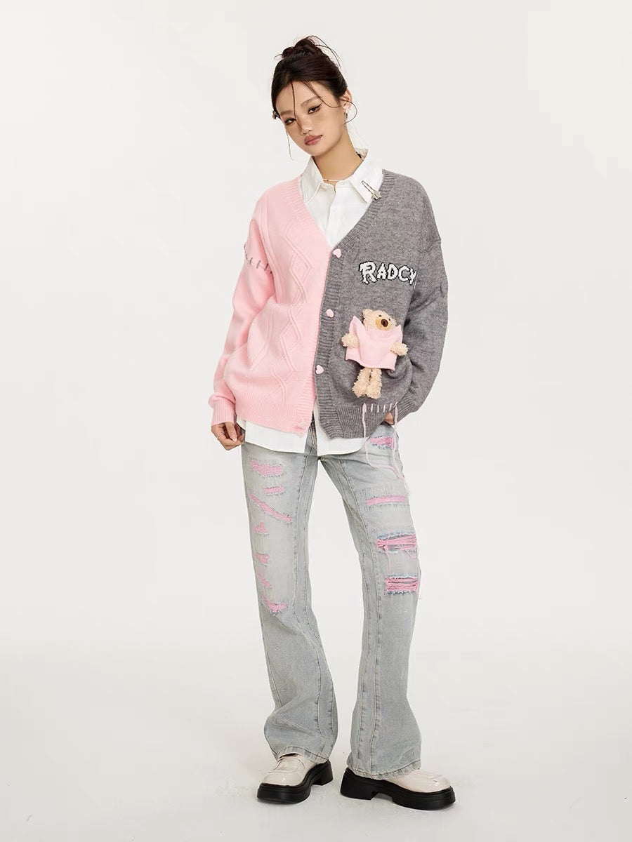 Sanowers patchwork contrasting color design, cute three-dimensional bear pendant, loose and lazy style V-neck cardigan sweater (S0666)