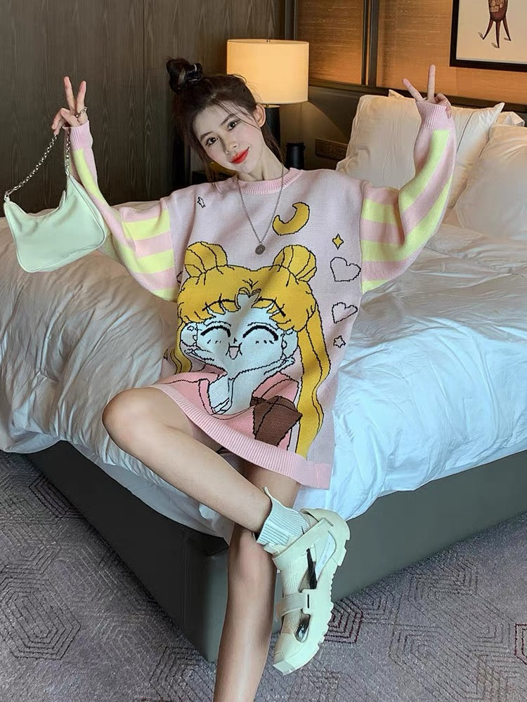 2023 Sailor Moon Sweater Women's Retro Hong Kong Style Loose Mid-Length Spring Autumn and Winter Bottoming Sweater Trend T2376