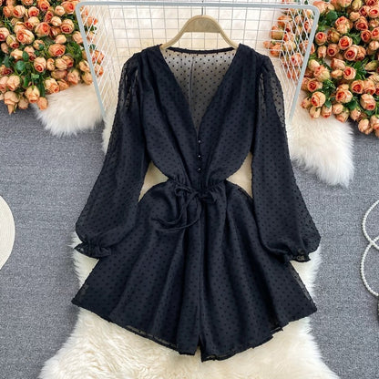 Summer new fashion loose v-neck single-breasted waist strap chiffon puff sleeve jumpsuit wide-leg shorts trend