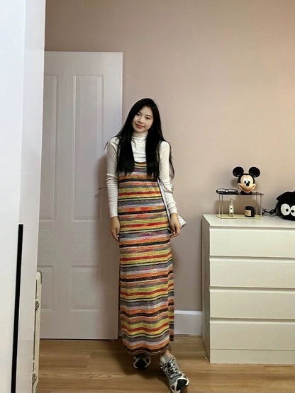 Rainbow striped knitted sweater suspender skirt autumn and winter new women's high-necked bottoming shirt dress two-piece suit