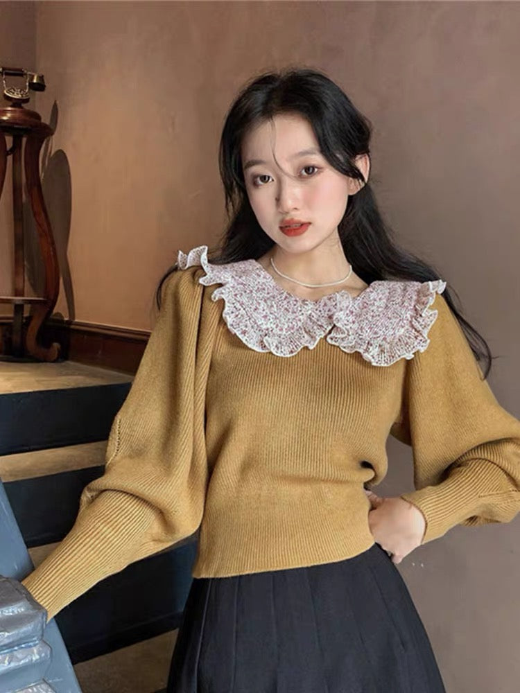 Large size lace splicing doll collar solid color sweater women's autumn and winter 2023 new loose outer wear long-sleeved knitted top